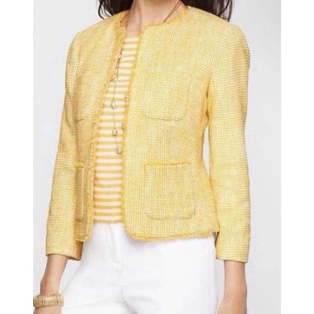 Talbots Yellow Tweed‎ Jacket Front Pocket Eyelash Trim Size 14 Petites